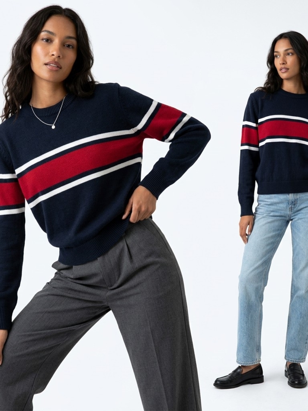 Brandy Melville Navy Red White Stripe Crewneck Preppy Sweater One Size